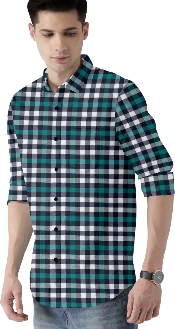 Green_Cotton_Blend_Regular_Fit_3/4th_Sleeve_Checkered_Long_Shirt_For_Men