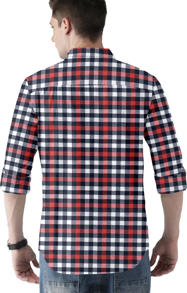 Red_Cotton_Blend_Regular_Fit_3/4th_Sleeve_Checkered_Long_Shirt_For_Men