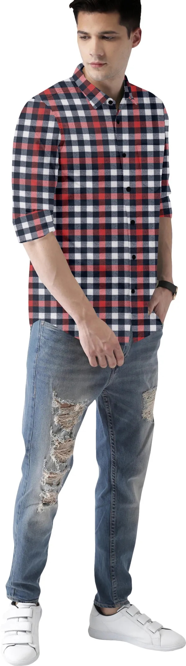 Red_Cotton_Blend_Regular_Fit_3/4th_Sleeve_Checkered_Long_Shirt_For_Men