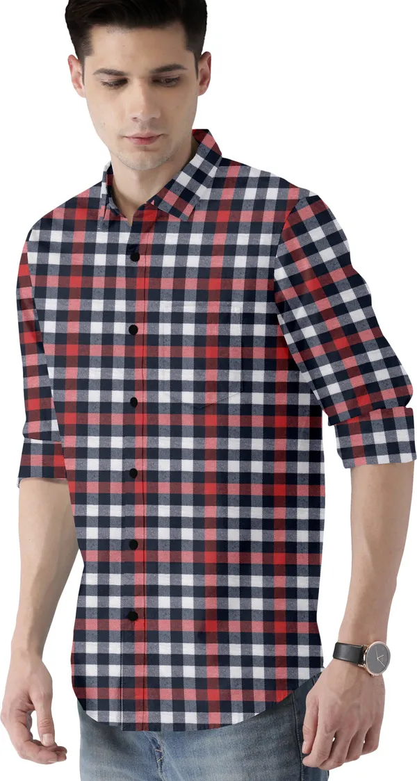 Red_Cotton_Blend_Regular_Fit_3/4th_Sleeve_Checkered_Long_Shirt_For_Men