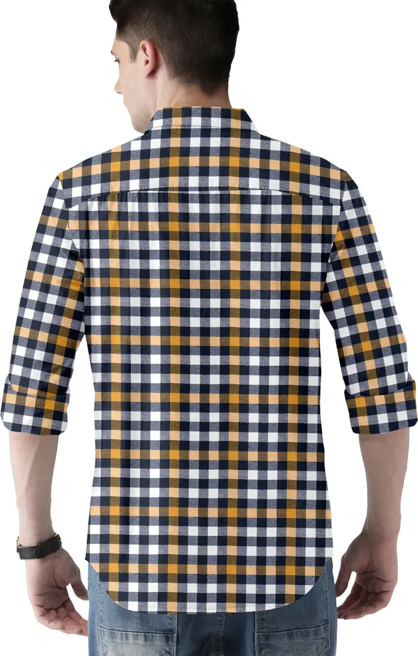 Yellow_Cotton_Blend_Regular_Fit_3/4th_Sleeve_Checkered_Long_Shirt_For_Men