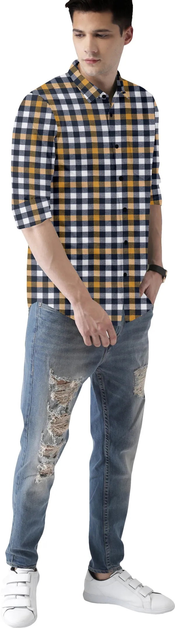 Yellow_Cotton_Blend_Regular_Fit_3/4th_Sleeve_Checkered_Long_Shirt_For_Men