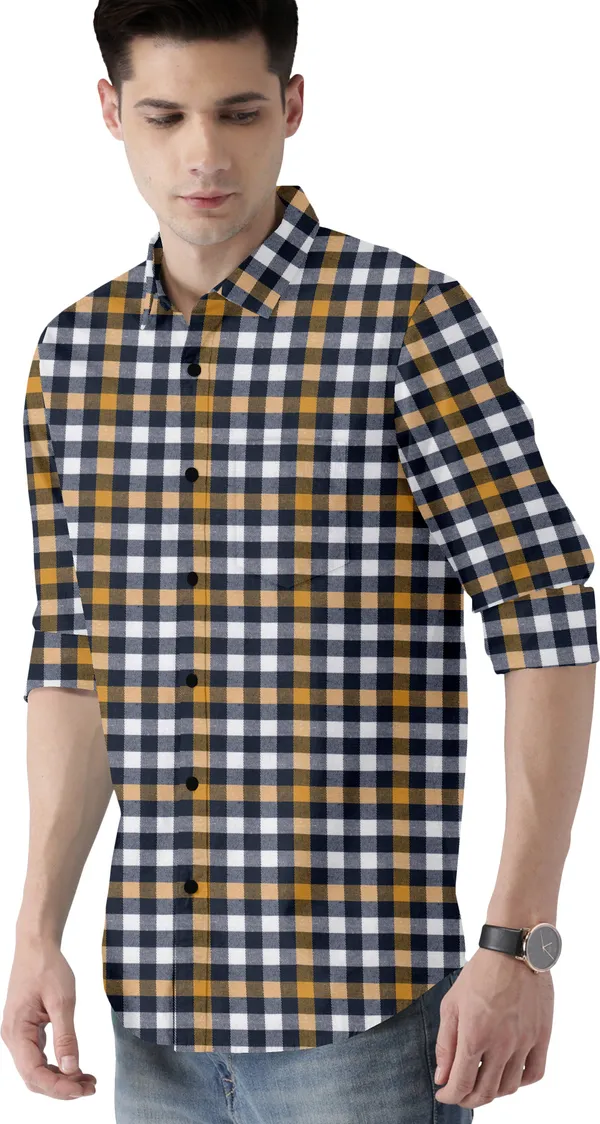 Yellow_Cotton_Blend_Regular_Fit_3/4th_Sleeve_Checkered_Long_Shirt_For_Men