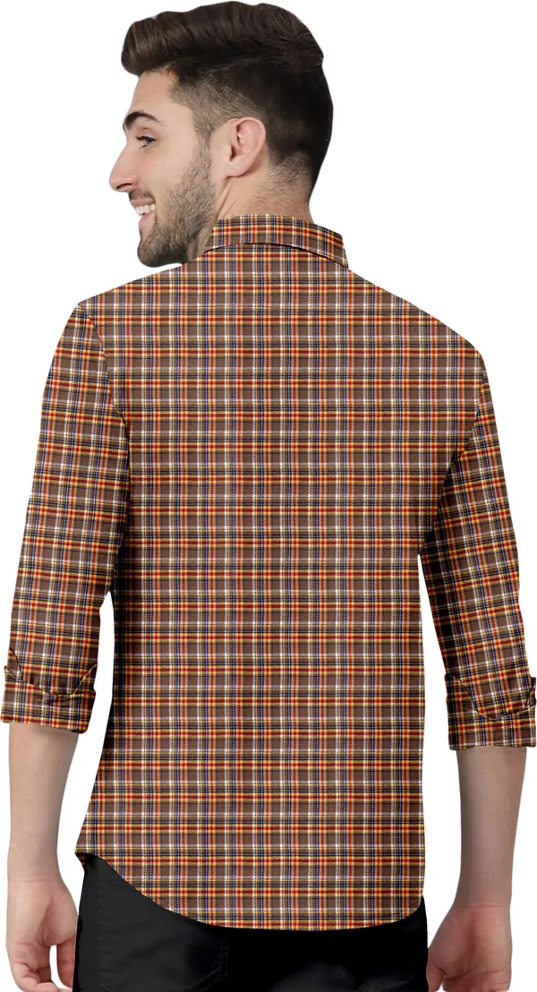 Brown_Cotton_Blend_Regular_Fit_3/4th_Sleeve_Checkered_Long_Shirt_For_Men
