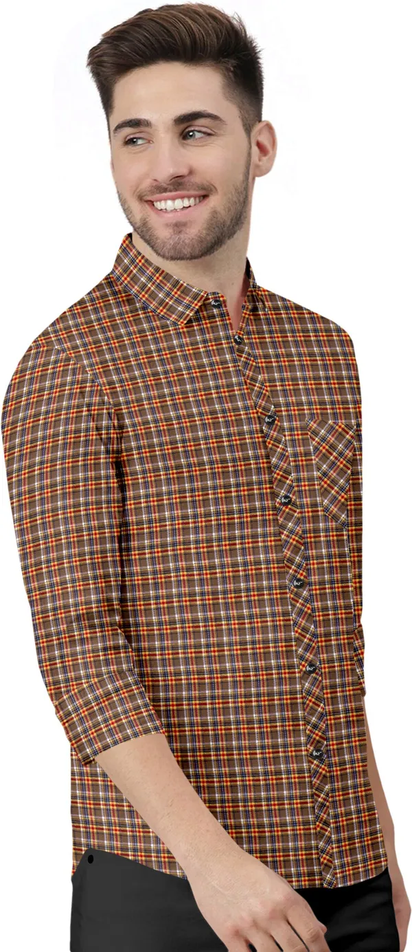 Brown_Cotton_Blend_Regular_Fit_3/4th_Sleeve_Checkered_Long_Shirt_For_Men