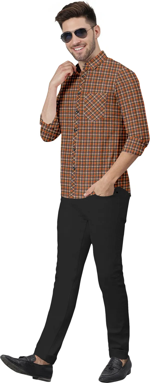 Brown_Cotton_Blend_Regular_Fit_3/4th_Sleeve_Checkered_Long_Shirt_For_Men
