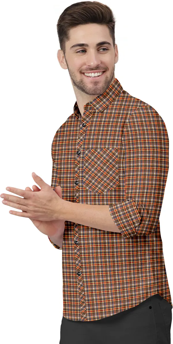 Brown_Cotton_Blend_Regular_Fit_3/4th_Sleeve_Checkered_Long_Shirt_For_Men