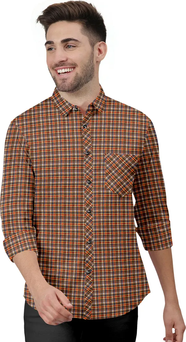 Brown_Cotton_Blend_Regular_Fit_3/4th_Sleeve_Checkered_Long_Shirt_For_Men