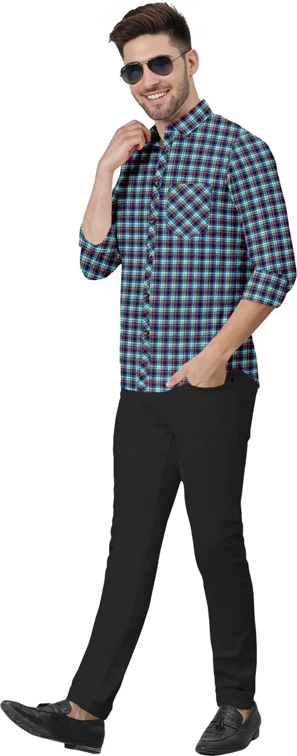 Dark_Blue_&_Light_Blue_Cotton_Blend_Regular_Fit_3/4th_Sleeve_Checkered_Long_Shirt_For_Men