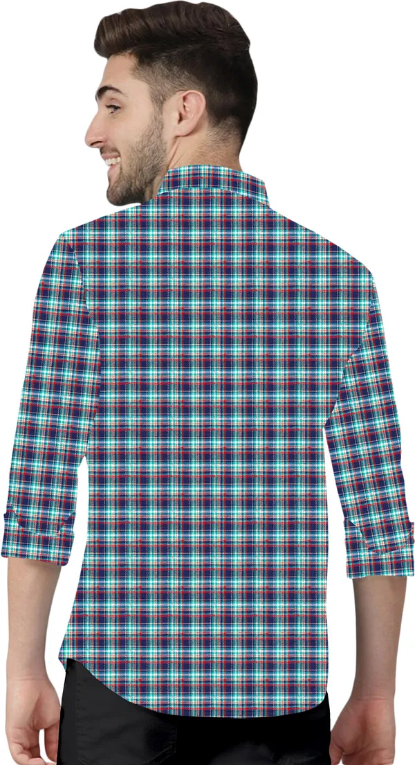 Dark_Blue_&_Light_Blue_Cotton_Blend_Regular_Fit_3/4th_Sleeve_Checkered_Long_Shirt_For_Men