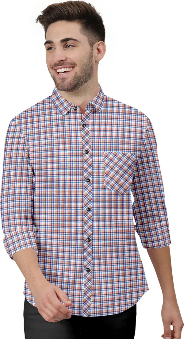 Multicolor_Cotton_Blend_Regular_Fit_3/4th_Sleeve_Checkered_Long_Shirt_For_Men