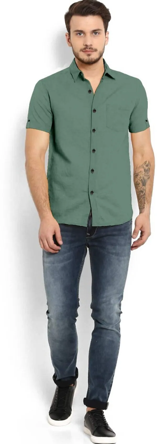 Mehendi_Cotton_Blend_Slim_Fit_Short_Sleeve_Solid_Hip_Length_Shirt_For_Men