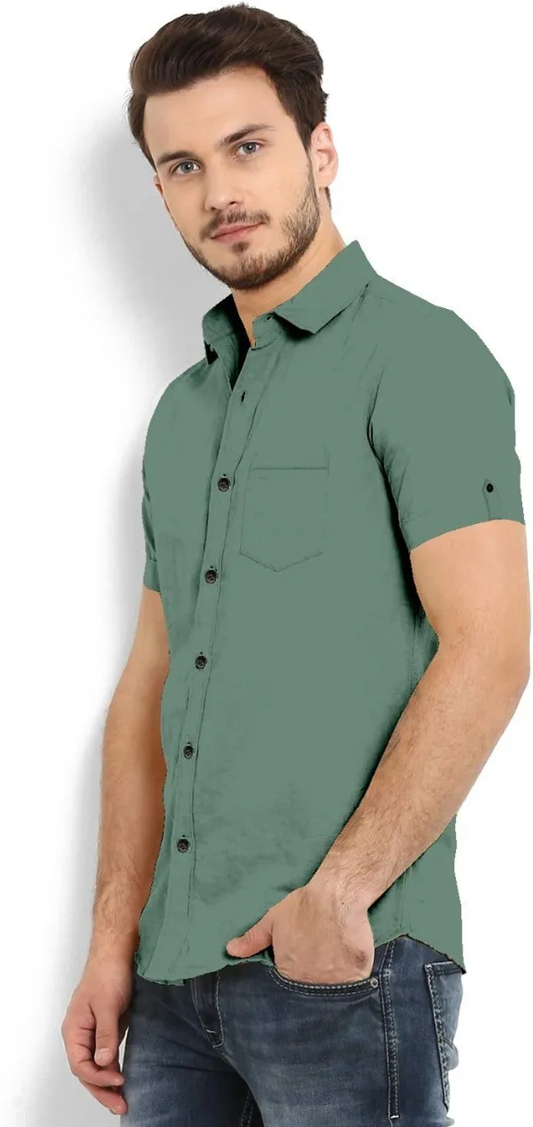 Mehendi_Cotton_Blend_Slim_Fit_Short_Sleeve_Solid_Hip_Length_Shirt_For_Men
