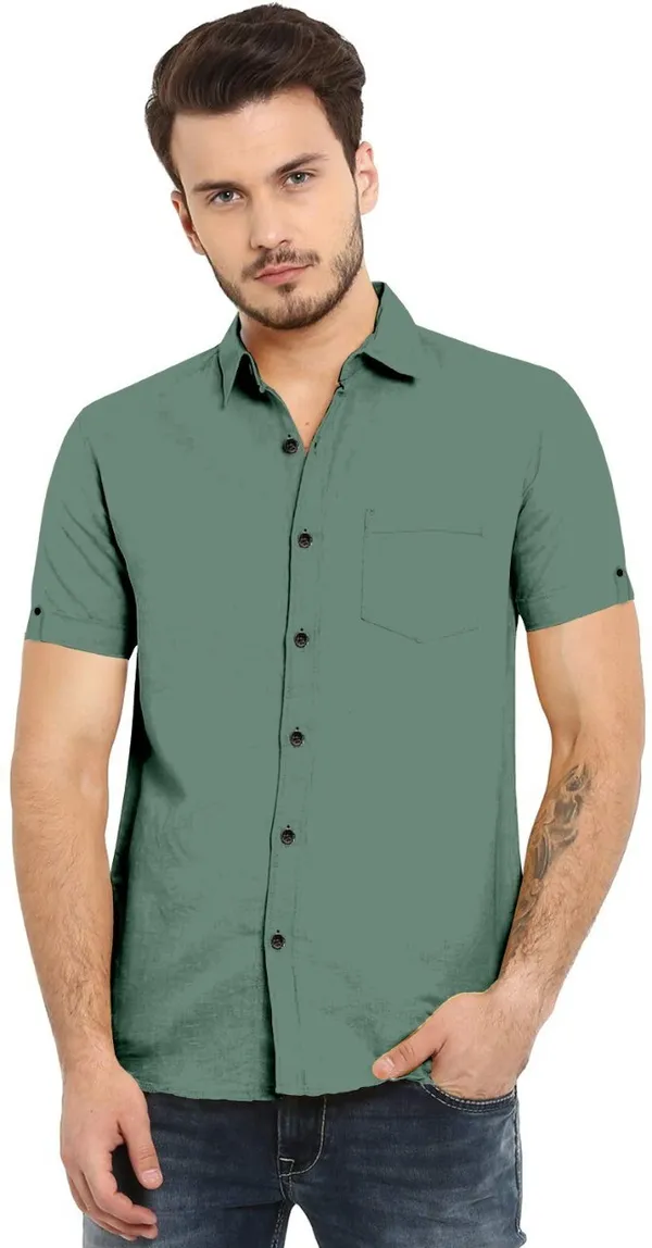 Mehendi_Cotton_Blend_Slim_Fit_Short_Sleeve_Solid_Hip_Length_Shirt_For_Men
