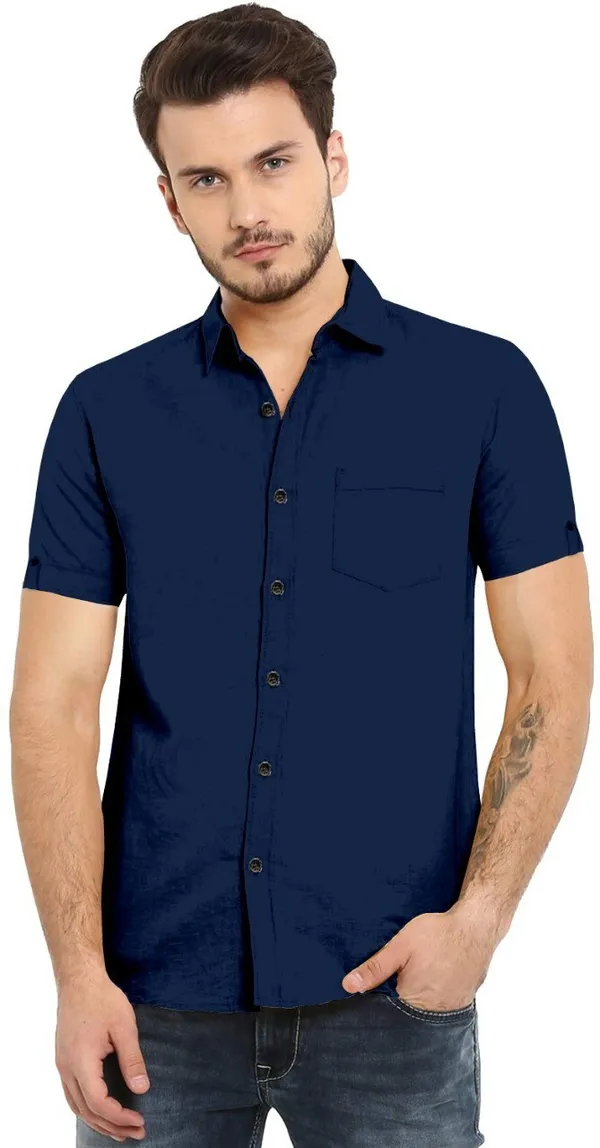 Navy_Blue_Cotton_Blend_Slim_Fit_Short_Sleeve_Solid_Hip_Length_Shirt_For_Men