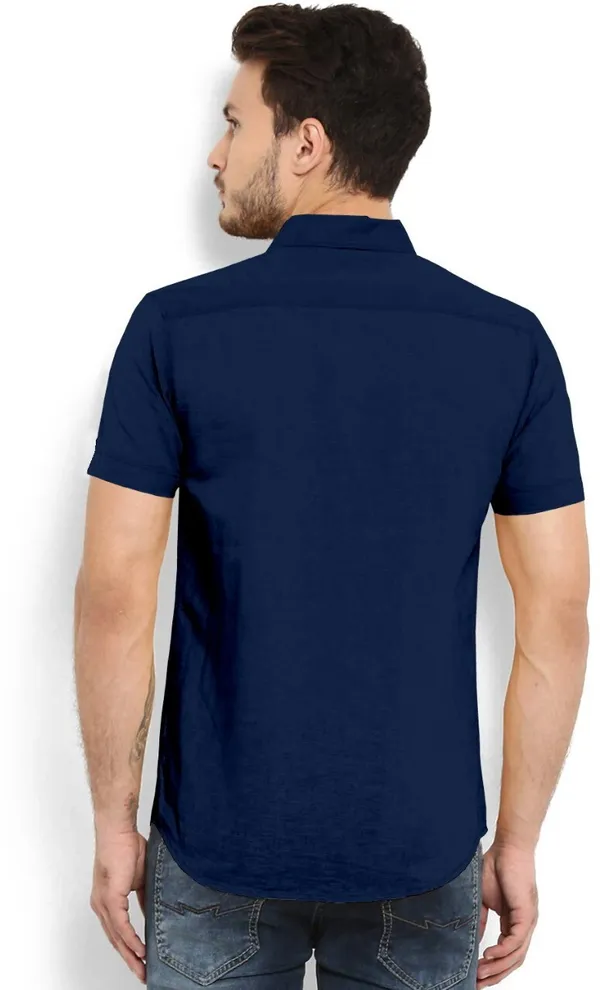 Navy_Blue_Cotton_Blend_Slim_Fit_Short_Sleeve_Solid_Hip_Length_Shirt_For_Men