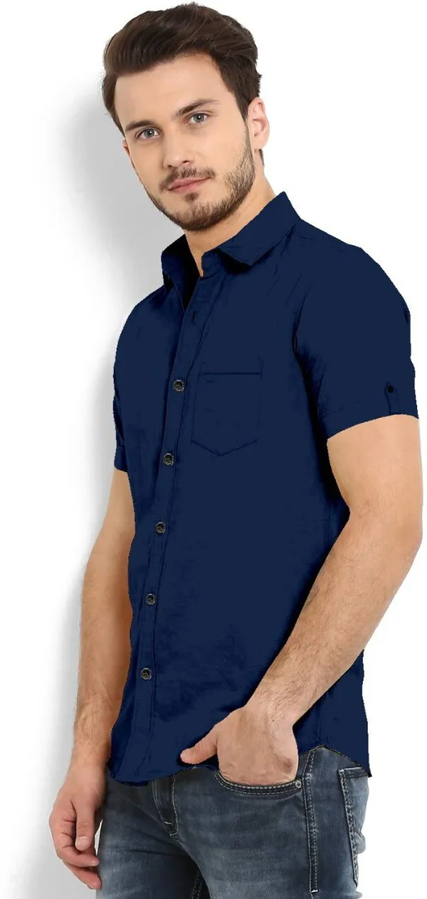 Navy_Blue_Cotton_Blend_Slim_Fit_Short_Sleeve_Solid_Hip_Length_Shirt_For_Men