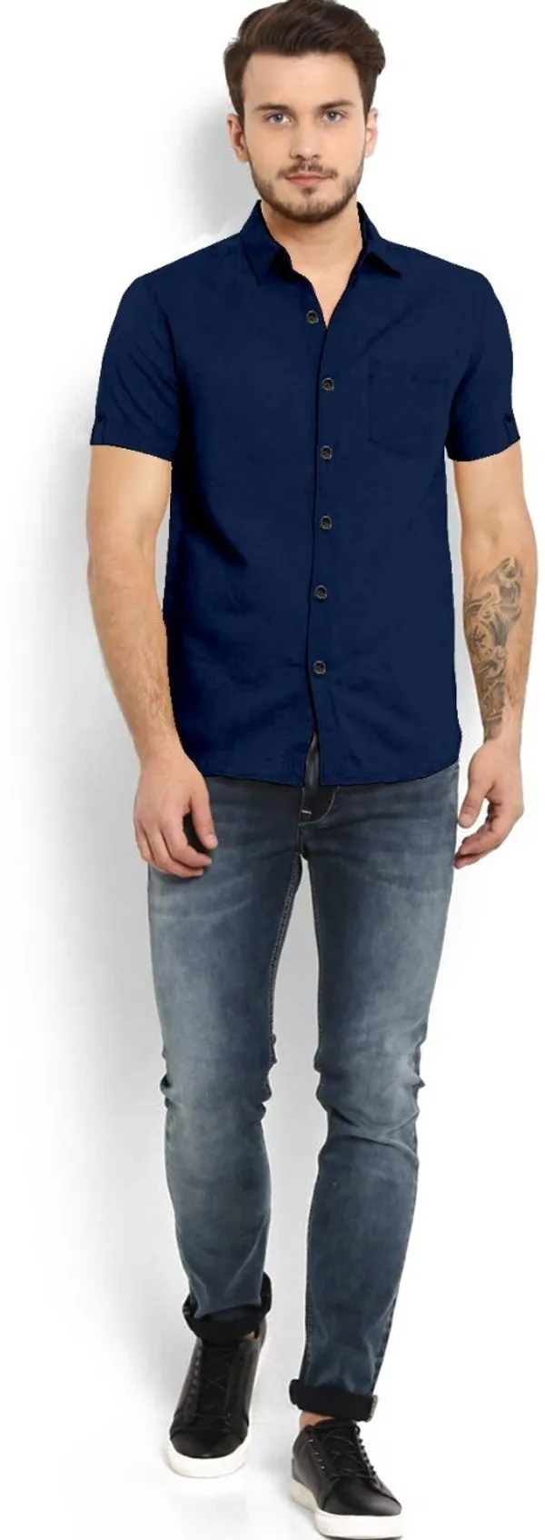 Navy_Blue_Cotton_Blend_Slim_Fit_Short_Sleeve_Solid_Hip_Length_Shirt_For_Men