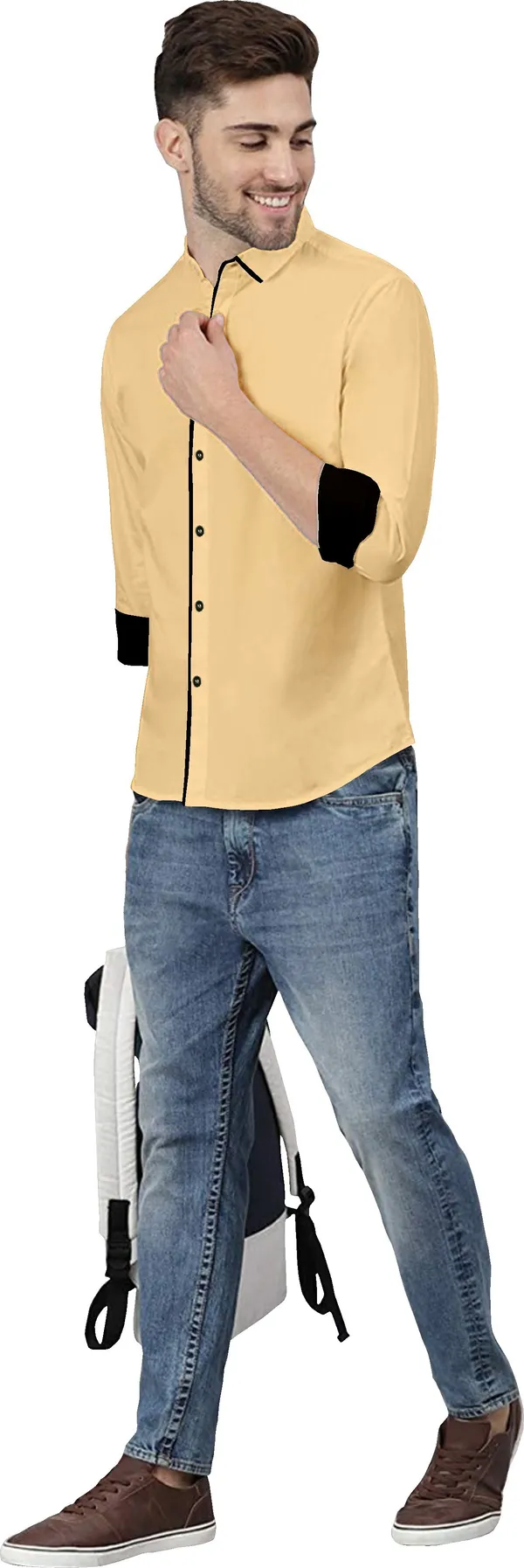 Beige_Pure_Cotton_Regular_Fit_3/4th_Sleeve_Solid_Long_Shirt_For_Men