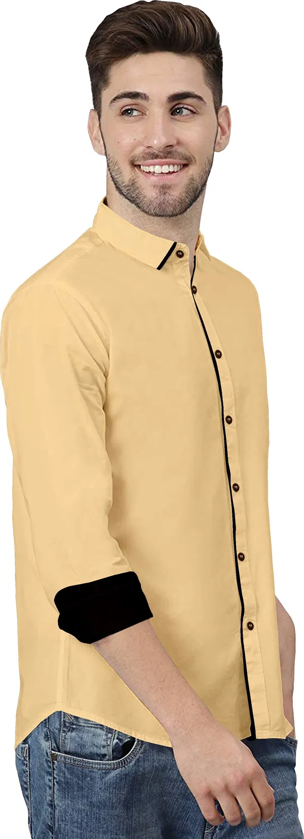 Beige_Pure_Cotton_Regular_Fit_3/4th_Sleeve_Solid_Long_Shirt_For_Men