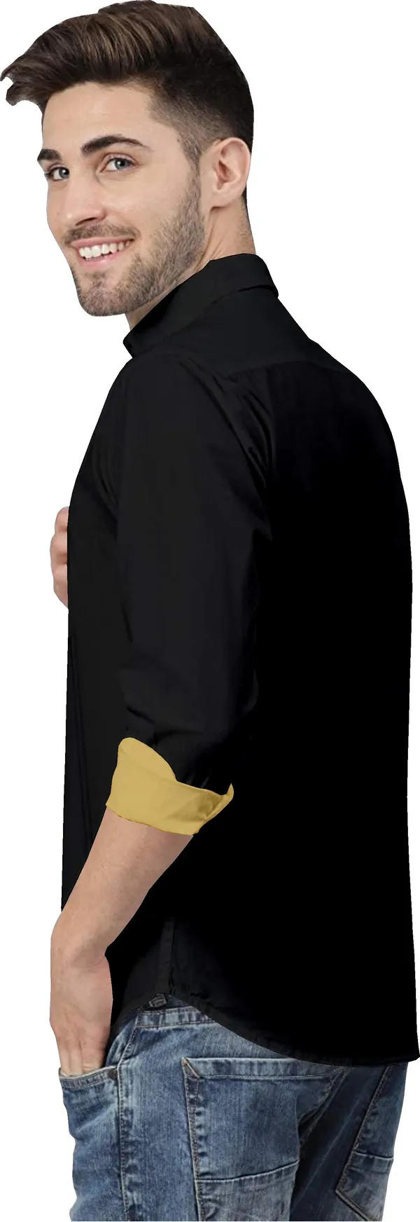 Black_Pure_Cotton_Regular_Fit_3/4th_Sleeve_Solid_Long_Shirt_For_Men