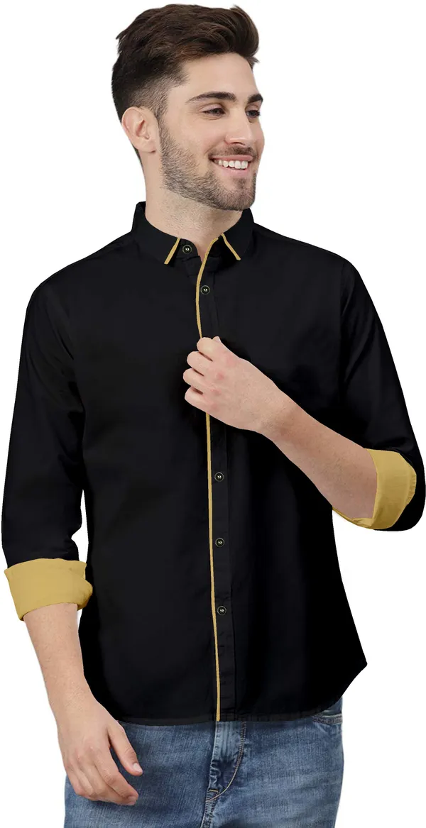 Black_Pure_Cotton_Regular_Fit_3/4th_Sleeve_Solid_Long_Shirt_For_Men