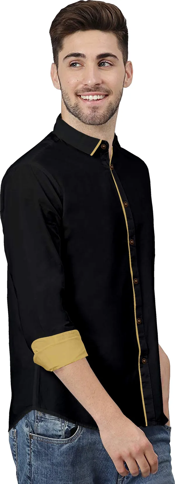 Black_Pure_Cotton_Regular_Fit_3/4th_Sleeve_Solid_Long_Shirt_For_Men