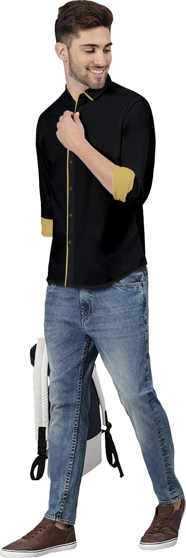 Black_Pure_Cotton_Regular_Fit_3/4th_Sleeve_Solid_Long_Shirt_For_Men