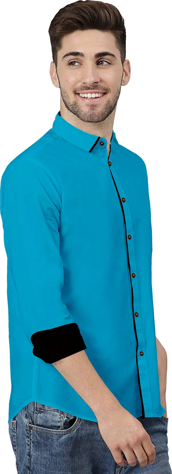Light_Blue_Pure_Cotton_Regular_Fit_3/4th_Sleeve_Solid_Long_Shirt_For_Men