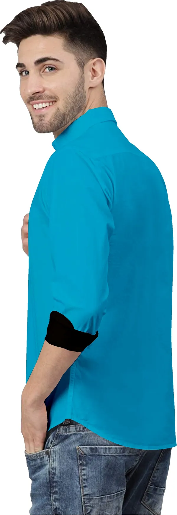 Light_Blue_Pure_Cotton_Regular_Fit_3/4th_Sleeve_Solid_Long_Shirt_For_Men