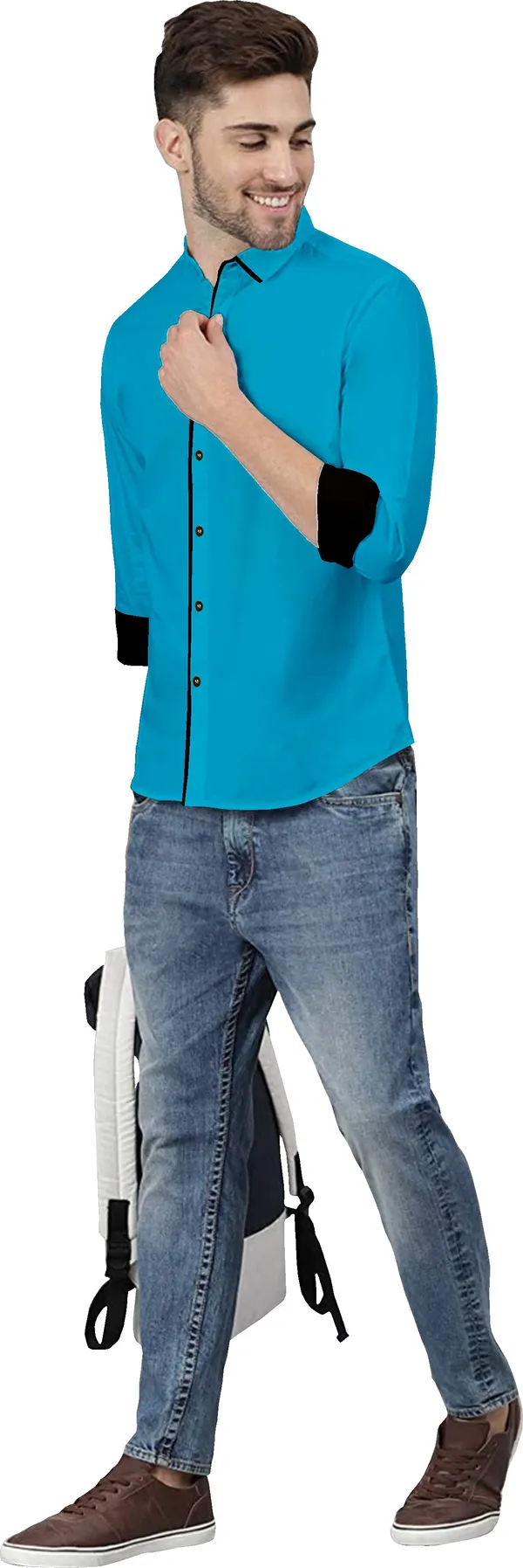 Light_Blue_Pure_Cotton_Regular_Fit_3/4th_Sleeve_Solid_Long_Shirt_For_Men