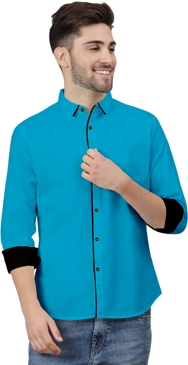Light_Blue_Pure_Cotton_Regular_Fit_3/4th_Sleeve_Solid_Long_Shirt_For_Men
