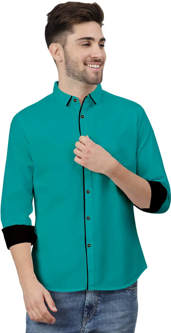 Green_Pure_Cotton_Regular_Fit_3/4th_Sleeve_Solid_Long_Shirt_For_Men