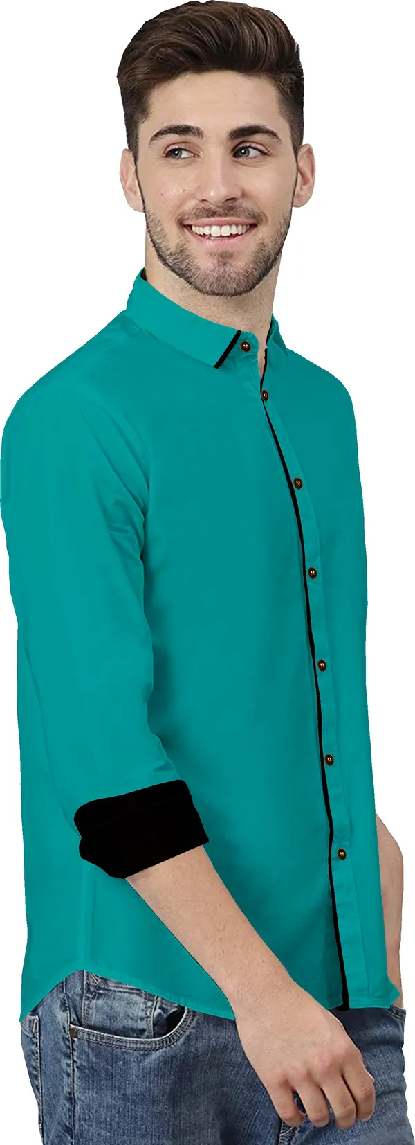 Green_Pure_Cotton_Regular_Fit_3/4th_Sleeve_Solid_Long_Shirt_For_Men