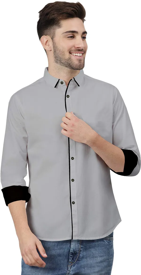 Grey_Pure_Cotton_Regular_Fit_3/4th_Sleeve_Solid_Long_Shirt_For_Men