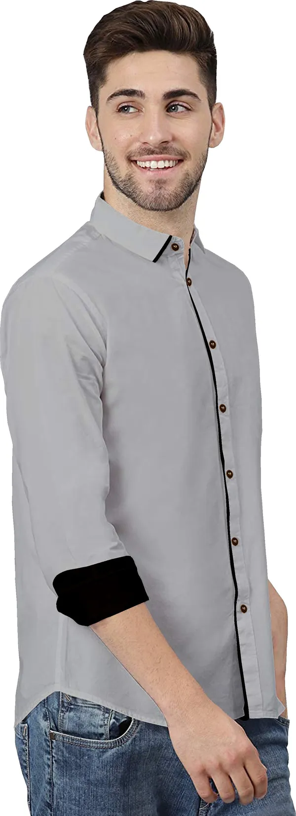 Grey_Pure_Cotton_Regular_Fit_3/4th_Sleeve_Solid_Long_Shirt_For_Men