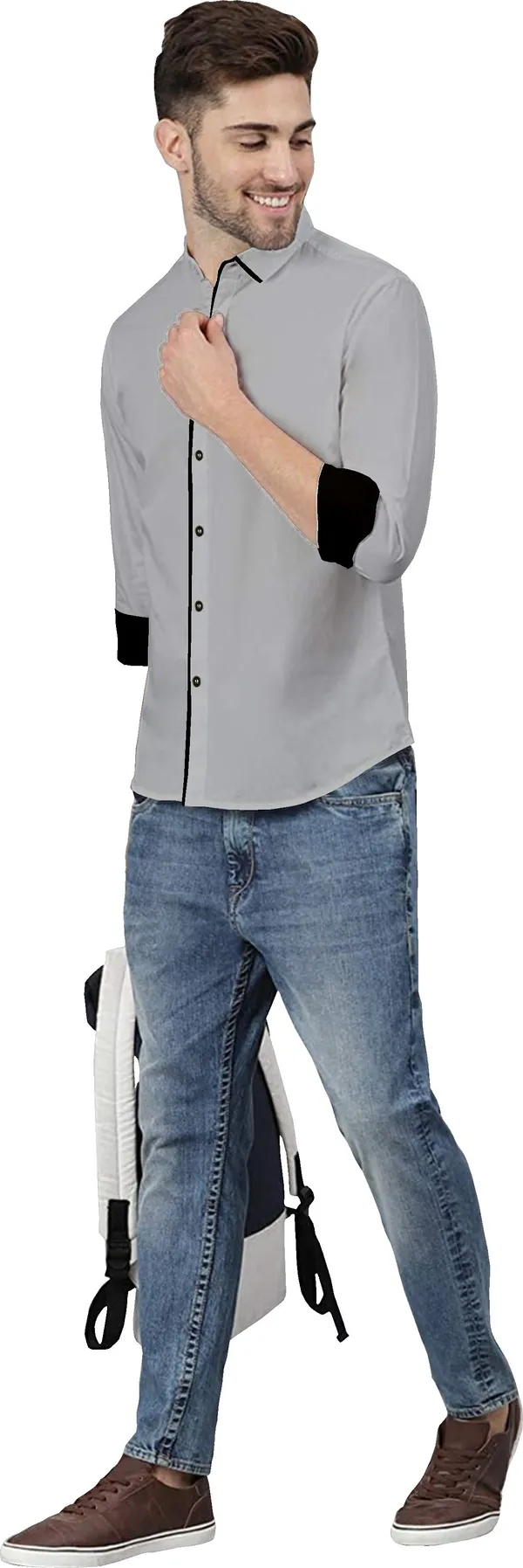 Grey_Pure_Cotton_Regular_Fit_3/4th_Sleeve_Solid_Long_Shirt_For_Men