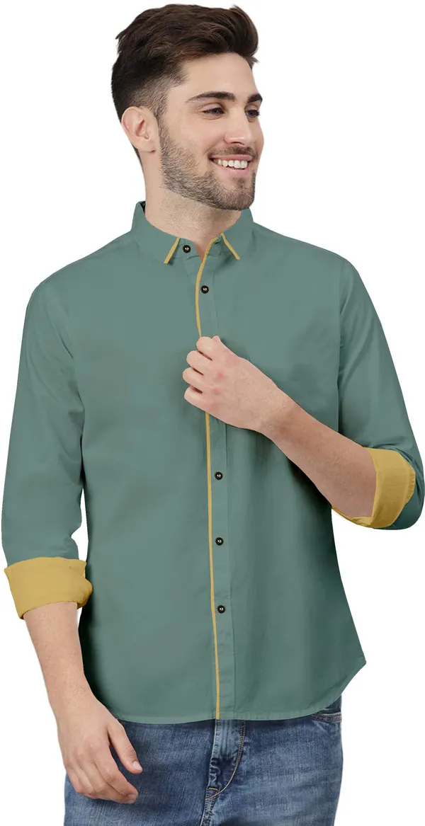 Light_Green_Pure_Cotton_Regular_Fit_3/4th_Sleeve_Solid_Long_Shirt_For_Men