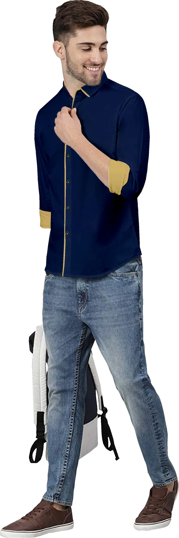 Dark_Blue_Pure_Cotton_Regular_Fit_3/4th_Sleeve_Solid_Long_Shirt_For_Men