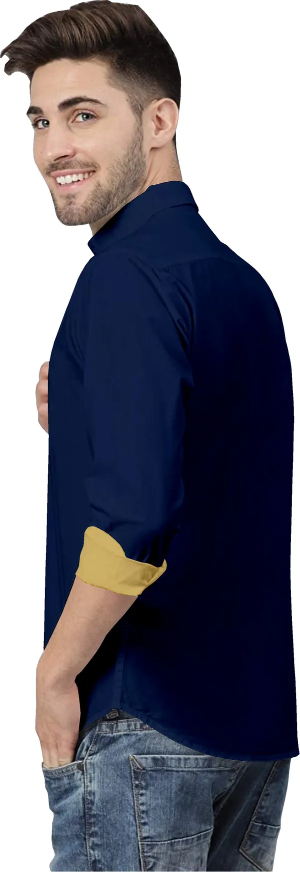 Dark_Blue_Pure_Cotton_Regular_Fit_3/4th_Sleeve_Solid_Long_Shirt_For_Men