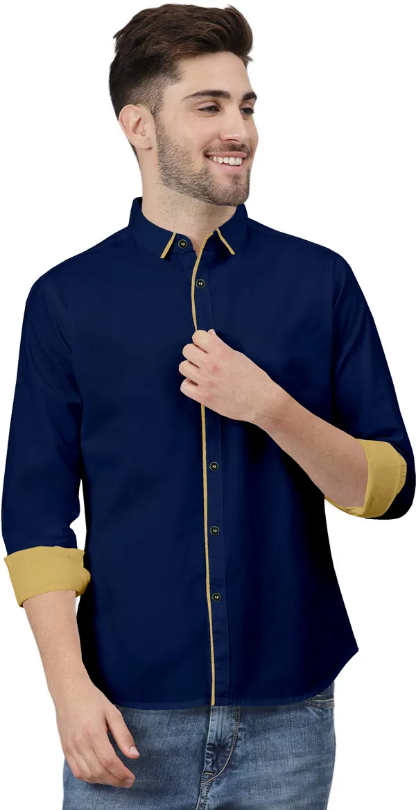 Dark_Blue_Pure_Cotton_Regular_Fit_3/4th_Sleeve_Solid_Long_Shirt_For_Men