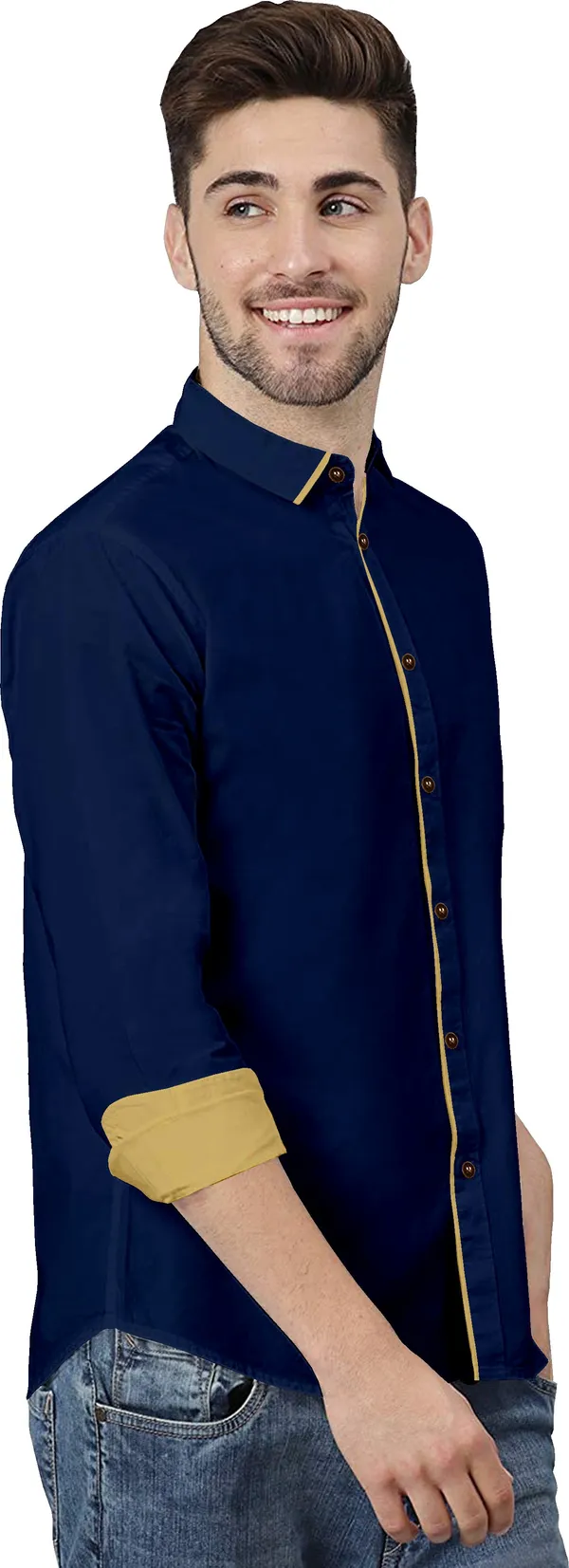 Dark_Blue_Pure_Cotton_Regular_Fit_3/4th_Sleeve_Solid_Long_Shirt_For_Men