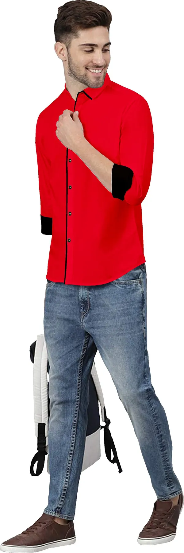 Red_Pure_Cotton_Regular_Fit_3/4th_Sleeve_Solid_Long_Shirt_For_Men