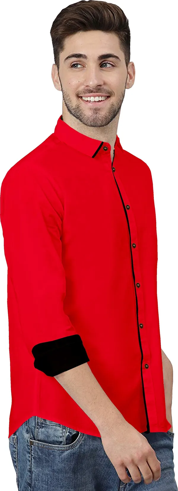 Red_Pure_Cotton_Regular_Fit_3/4th_Sleeve_Solid_Long_Shirt_For_Men