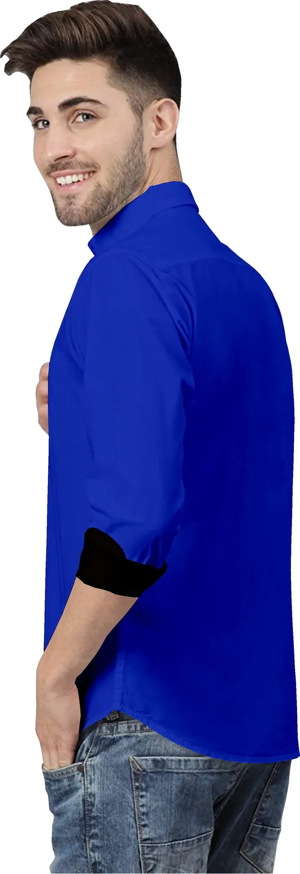 Blue_Pure_Cotton_Regular_Fit_3/4th_Sleeve_Solid_Long_Shirt_For_Men