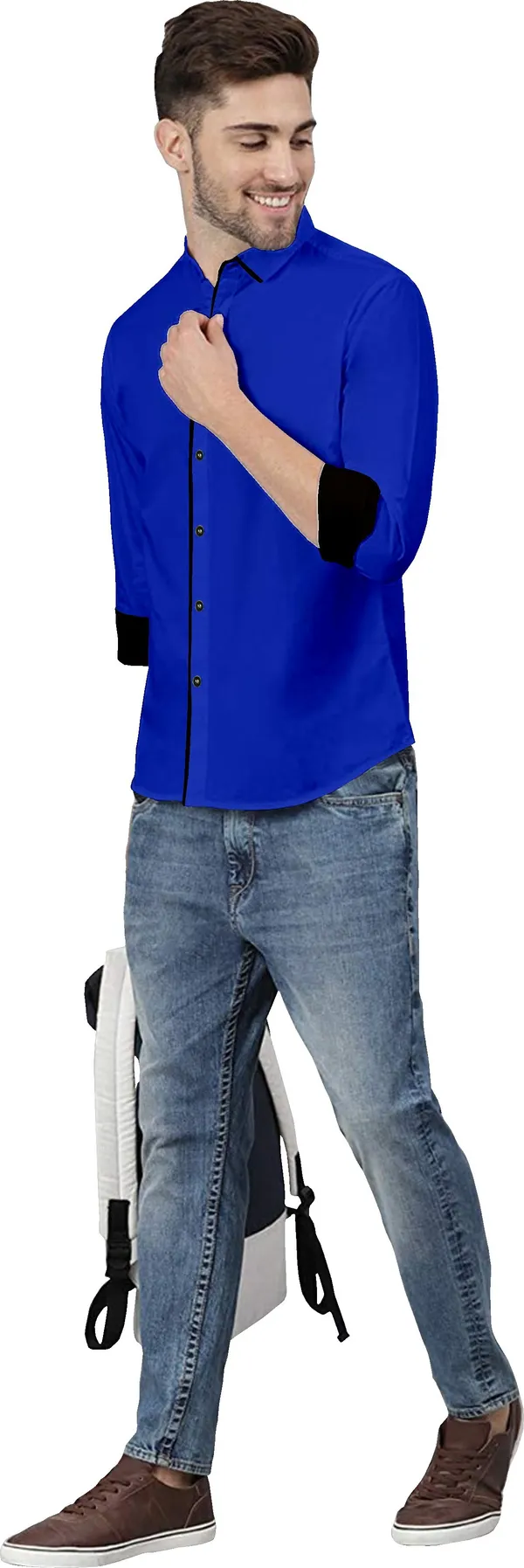 Blue_Pure_Cotton_Regular_Fit_3/4th_Sleeve_Solid_Long_Shirt_For_Men