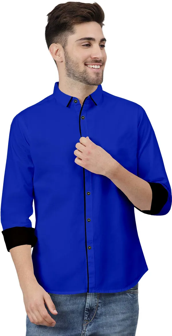 Blue_Pure_Cotton_Regular_Fit_3/4th_Sleeve_Solid_Long_Shirt_For_Men