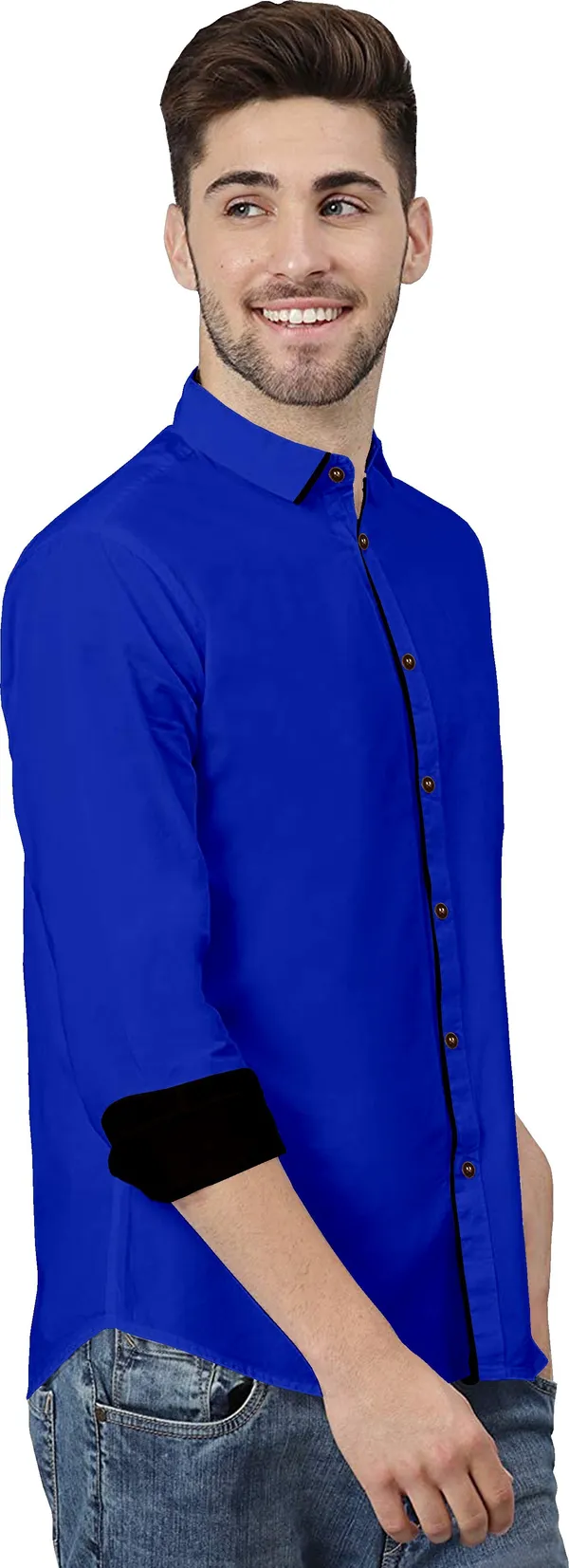 Blue_Pure_Cotton_Regular_Fit_3/4th_Sleeve_Solid_Long_Shirt_For_Men