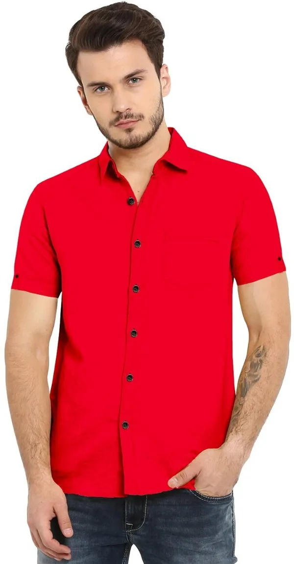 Red_Cotton_Blend_Slim_Fit_Short_Sleeve_Solid_Hip_Length_Shirt_For_Men
