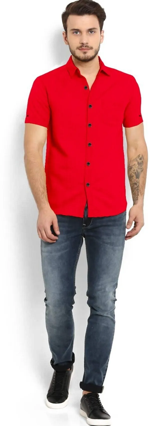 Red_Cotton_Blend_Slim_Fit_Short_Sleeve_Solid_Hip_Length_Shirt_For_Men